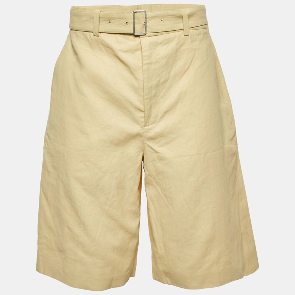 Jil Sander Light Yellow Coated Linen Wide Leg Belted Shorts M